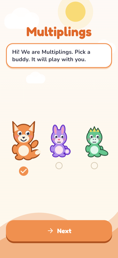 The first screen of the app: a fox, a bunny and a dino to choose from, with the fox picked.