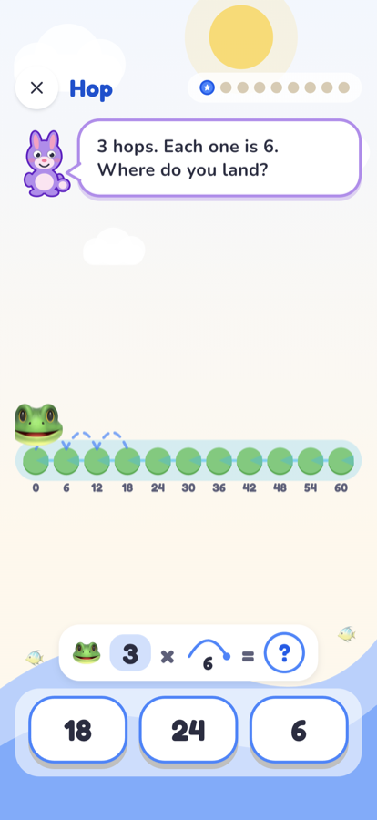 The Hop game: a frog on a number line marked 0, 6, 12, 18 and up to 60, with three answers to choose from.