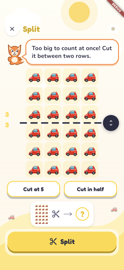 The Split game: a tall tray of apples with a dashed cut line between two rows, and buttons reading Cut at 5 and Cut in half.