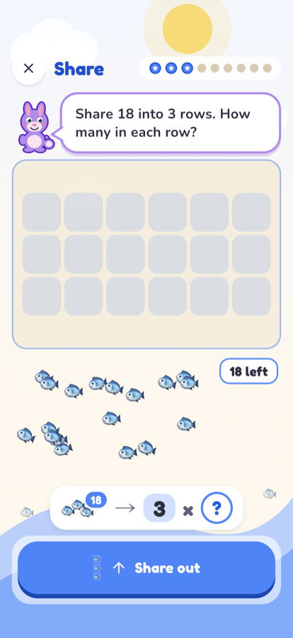 The Share game: a loose pile of objects above an empty tray, with a Make a row button.