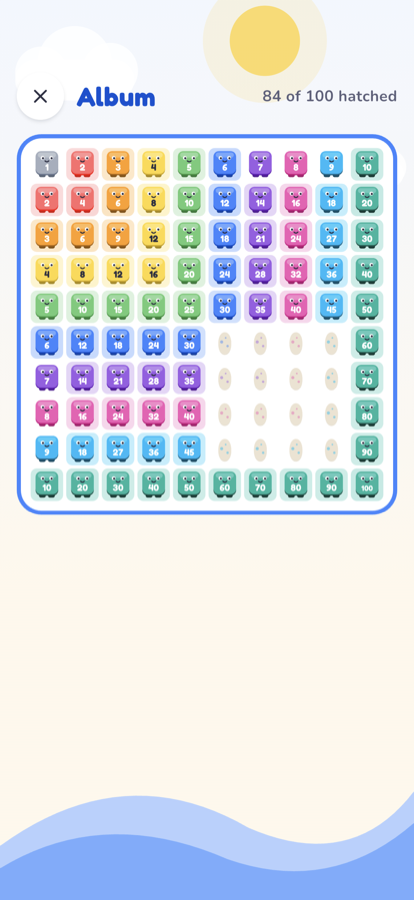 The album: a ten by ten grid where met facts are coloured number creatures and the rest are pale eggs.