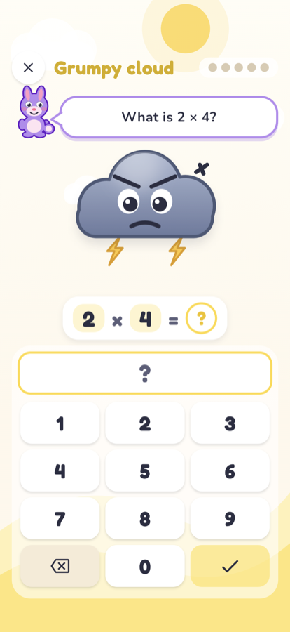 The grumpy cloud: a storm cloud with an angry face and two lightning bolts, above the question ten times ten.